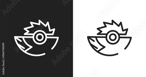 Saw half cogwheel symbol icon. Linear black, white icon from work tools collection. Outline saw half cogwheel symbol vector. Thin line symbol isolated on white and black background