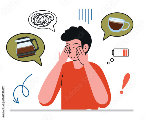 Office employee rubs eyes from fatigue, dreams of coffee. Doodle vector illustration. Exhaustion, and workplace stress content
