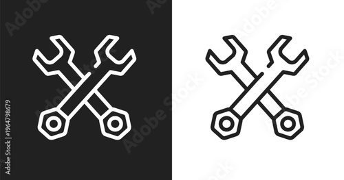 Double wrench icon. Linear black, white icon from do it yourself collection. Outline double wrench vector. Thin line symbol isolated on white and black background