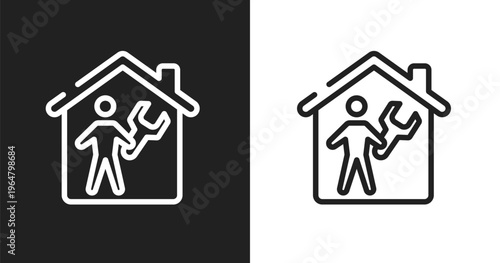 Repairman inside a home icon. Linear black, white icon from do it yourself collection. Outline repairman inside a home icon vector. Thin line symbol for use on web and mobile apps, logo, print