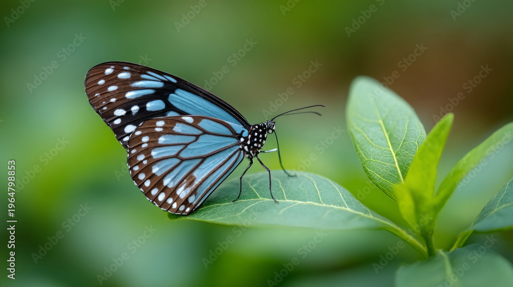 Fototapeta premium Blue butterfly resting on green leaf with natural background