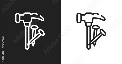 Hammer and nail icon. Linear black, white icon from toolbox collection. Outline hammer and nail vector. Thin line symbol isolated on white and black background