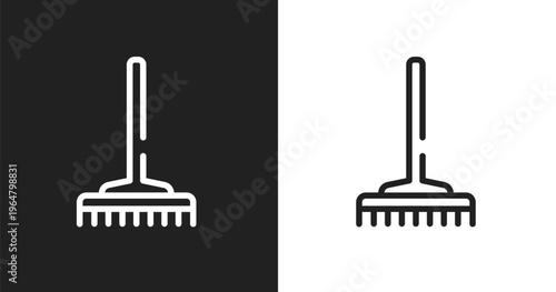 Gardening rake icon. Linear black, white icon from toolbox collection. Outline gardening rake vector. Thin line symbol isolated on white and black background