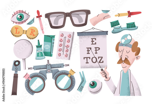 Professional ophthalmology isolated medical set with eye doctor character and optometry elements