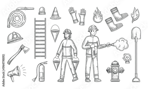 Detailed striped hand-drawn vector illustration. Set of fire safety equipment and two firefighters, man and woman.