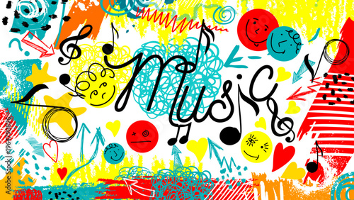 Abstract funny music background with blots and various abstract elements. music with notes . Hand drawn. Not AI, vector illustration.