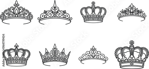 A collection of ornate crowns and tiaras in a simple line drawing style