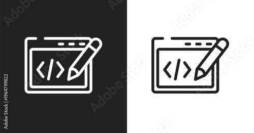 Editing code icon. Linear black, white icon from programming line craft collection. Outline editing code vector. Thin line symbol isolated on white and black background
