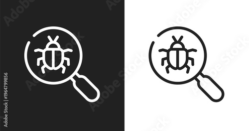 Bugs search icon. Linear black, white icon from programming line craft collection. Outline bugs search vector. Thin line symbol isolated on white and black background