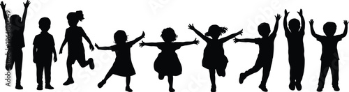 Happy kids silhouettes jumping playing children vector illustration black figures joyful movement childhood fun isolated activity group design set,