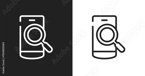 Phone search icon. Linear black, white icon from responsive web collection. Outline phone search vector. Thin line symbol isolated on white and black background
