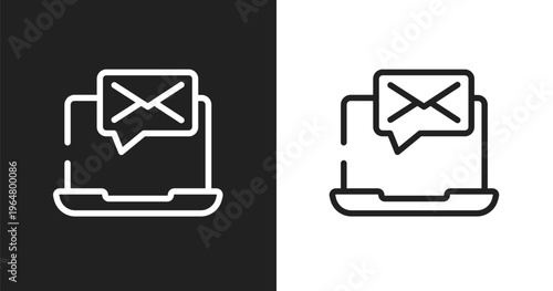Message on laptop icon. Linear black, white icon from responsive web collection. Outline message on laptop vector. Thin line symbol isolated on white and black background