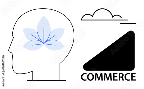 Mental health, mindfulness, commerce, growth, balance, creativity. A human head with a flower, a cloud and a commerce symbol. Mental health and mindfulness in a minimalist manner