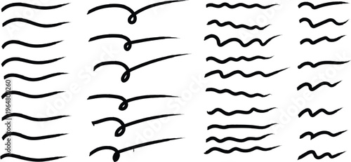 Collection of various black wavy lines and swirls on white background for design and art