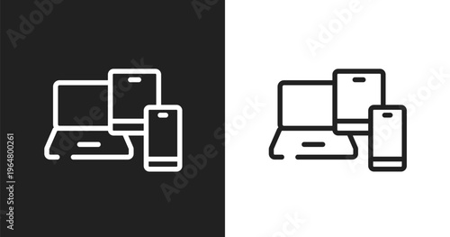 Phone tablet and laptop icon. Linear black, white icon from responsive web collection. Outline phone tablet and laptop icon vector. Thin line symbol for use on web and mobile apps, logo, print