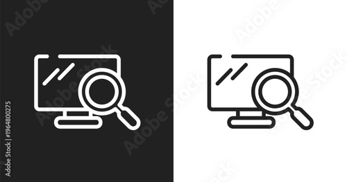 Pc search icon. Linear black, white icon from responsive web collection. Outline pc search vector. Thin line symbol isolated on white and black background