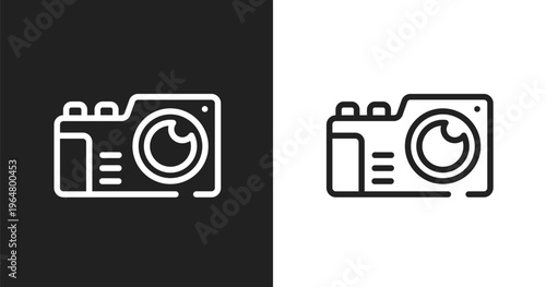 Vintage camera icon. Linear black, white icon from material devices collection. Outline vintage camera vector. Thin line symbol isolated on white and black background