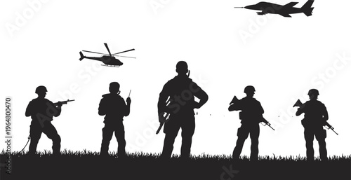 Military battlefield silhouettes soldiers helicopter jet vector illustration black army troops combat scene defense war action isolated landscape design,