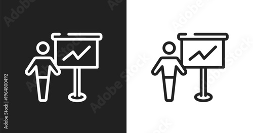Silhouette giving presentation icon. Linear black, white icon from computer and media collection. Outline silhouette giving presentation icon vector. Thin line symbol for use on web and mobile apps,