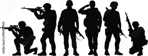 Military soldiers silhouettes set armed forces vector illustration black army troops standing aiming saluting isolated defense security design collection,