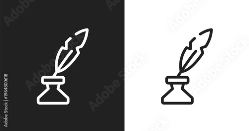 Quill and ink icon. Linear black, white icon from cursors and pointers collection. Outline quill and ink vector. Thin line symbol isolated on white and black background