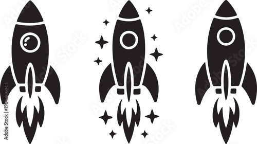 Set of rocket vector icons. Launch spaceship or spacecraft. Rocket fast flying for space. 