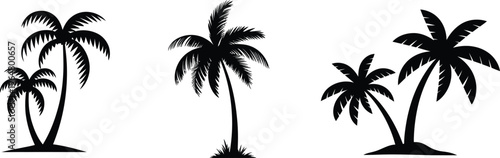 Palm tree silhouette set, tropical island landscape collection, beach nature elements, summer vacation design isolated on white background for creative