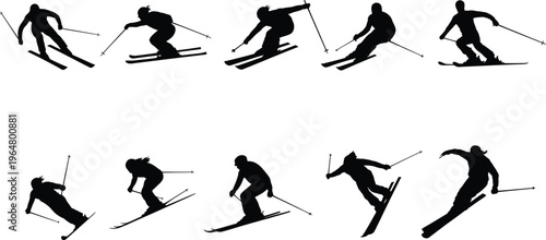 Skiing silhouettes collection winter sport athletes vector illustration black skiers action poses downhill movement isolated snow activity set,