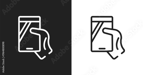 Phone in a hand icon. Linear black, white icon from modern screen collection. Outline phone in a hand vector. Thin line symbol isolated on white and black background