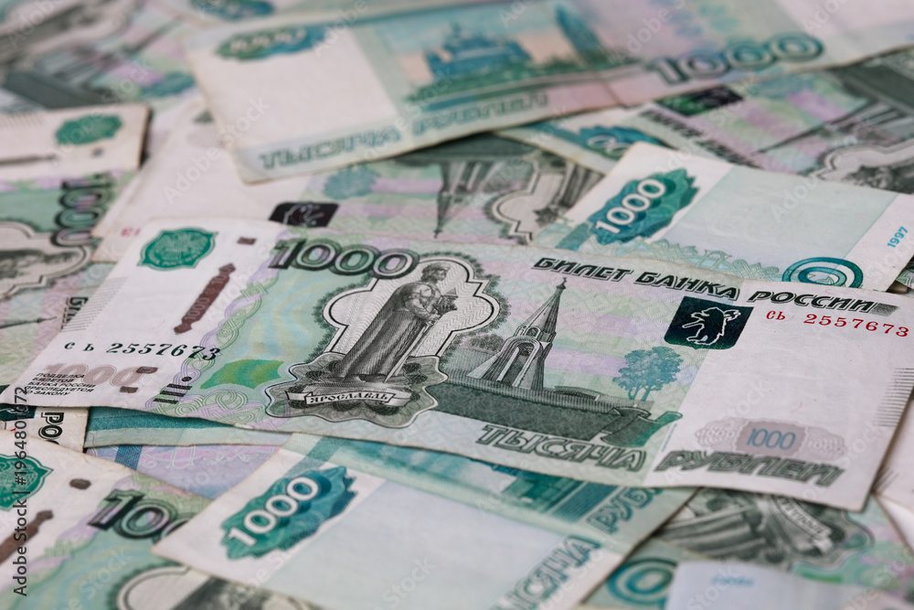 Obraz premium Pile of Russian 1000 ruble banknotes close up