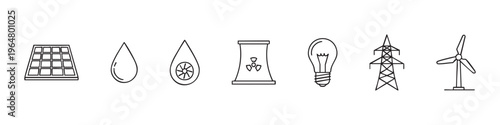 Set of energy production and electricity line icons including solar panel, hydro turbine, nuclear power plant, light bulb, electric pylon, and wind turbine on white background