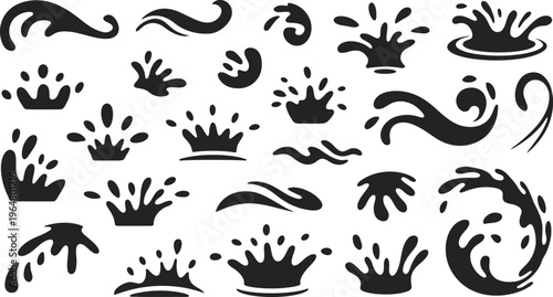 Water splash silhouette icon set black vector illustration liquid wave collection abstract splashes minimal design isolated background fluid elements