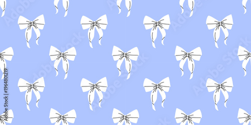 Vector seamless pattern with white bows on light blue background. Elegant ribbon design in flat style. Ideal for wallpaper, wrapping paper, fabric print. Fashion trendy girly design.
