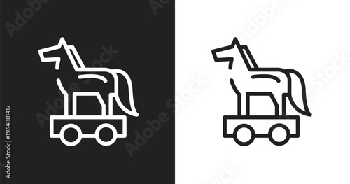 Trojan horse icon. Linear black, white icon from cyber robbery collection. Outline trojan horse vector. Thin line symbol isolated on white and black background