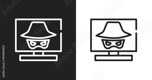 Hacking icon. Linear black, white icon from cyber robbery collection. Outline hacking vector. Thin line symbol isolated on white and black background