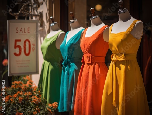 Bright Dresses on Display in Store Window With Sale Sign in Daylight