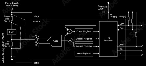 Schematic diagram of digital electronic device on 
paper sheet. Vector block scheme drawing of electrical circuit with 
power current voltage register,
capacitor, shunt, other components.