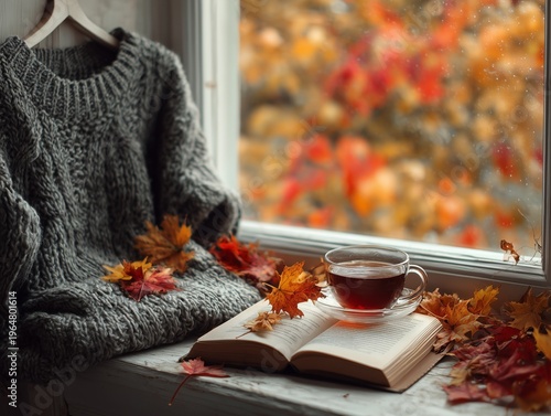 Warm Cup of Tea Sits on a Book by a Window With Autumn Leaves Outside During ...