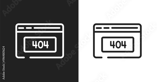 404 icon. Linear black, white icon from laptop browser collection. Outline 404 vector. Thin line symbol isolated on white and black background