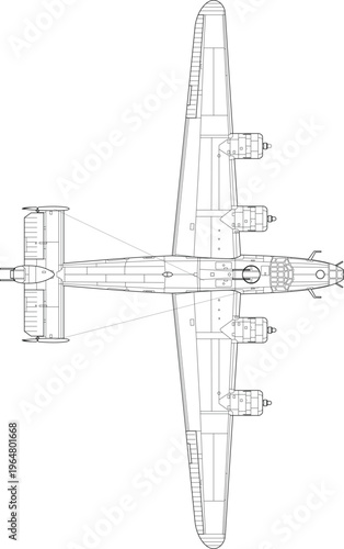 Consolidated B24 Liberator WWII Heavy Bomber Vector Illustration Outline Wingspan Side View

