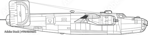 Consolidated B24 Liberator WWII Heavy Bomber Vector Illustration Side View Outline
