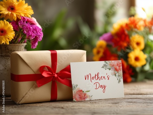 Gift and Flowers on a Wooden Table During a Sunny Day in a Cozy Space