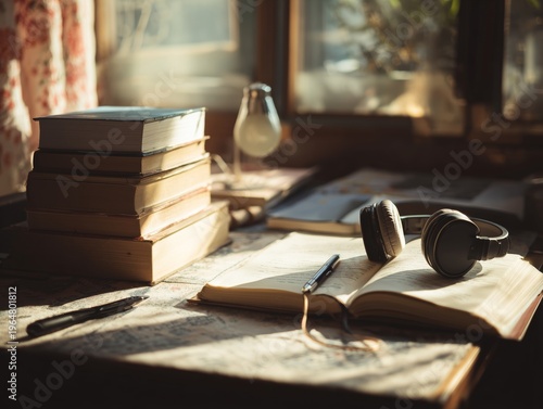 Study Space With Books, a Notebook, and Headphones in a Bright Room