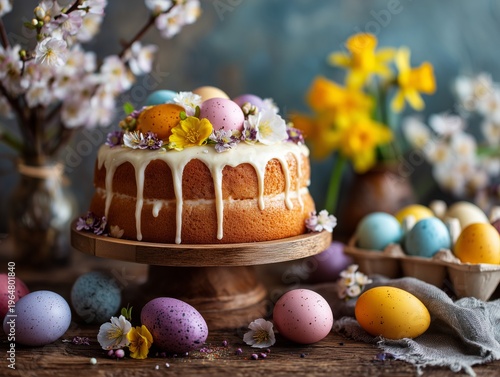 Spring Celebration With Cake and Decorated Eggs on a Wooden Table With Flowers