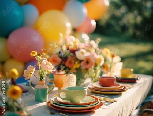 Colorful Table Setting With Plates and Flowers at a Outdoor Gathering in the ...