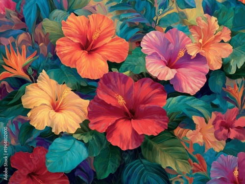 Colorful Hibiscus Flowers Bloom in a Garden During Warm Summer Days