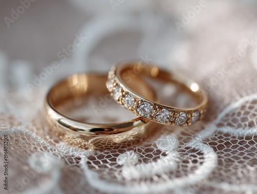 Wedding Rings Sit Together on a Lace Fabric Under Soft Lighting in a Cozy Ind...