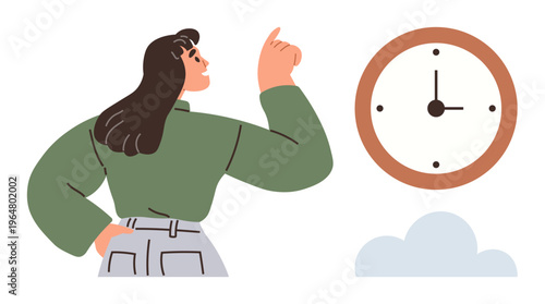 Time management, scheduling, productivity, deadline management, awareness, time tracking. Woman pointing at a clock. Time management and scheduling concepts illustrated