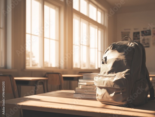 Light Shines on a Backpack and Books in a Classroom During the Afternoon