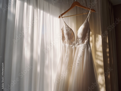 Beautiful Wedding Dress Hanging by Window With Soft Light Shining Through Cur...